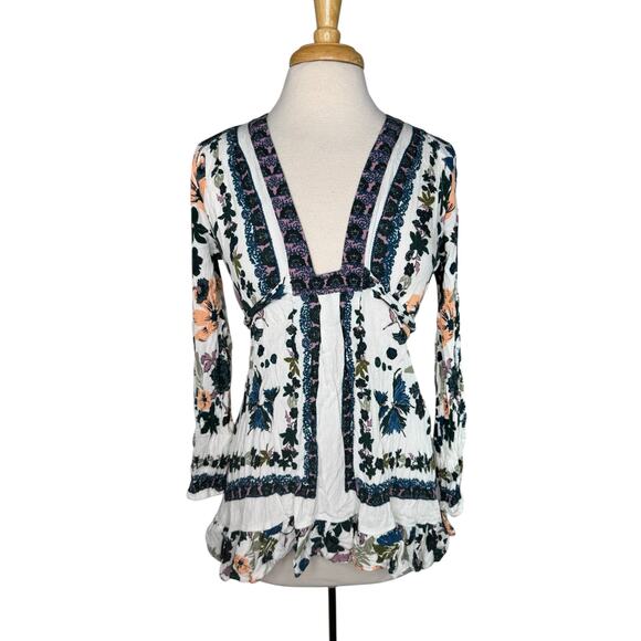 FREE PEOPLE Violet Hill Gauze Mini Dress Tunic in Blue Green White Floral Sz 4 - Picture 1 of 11